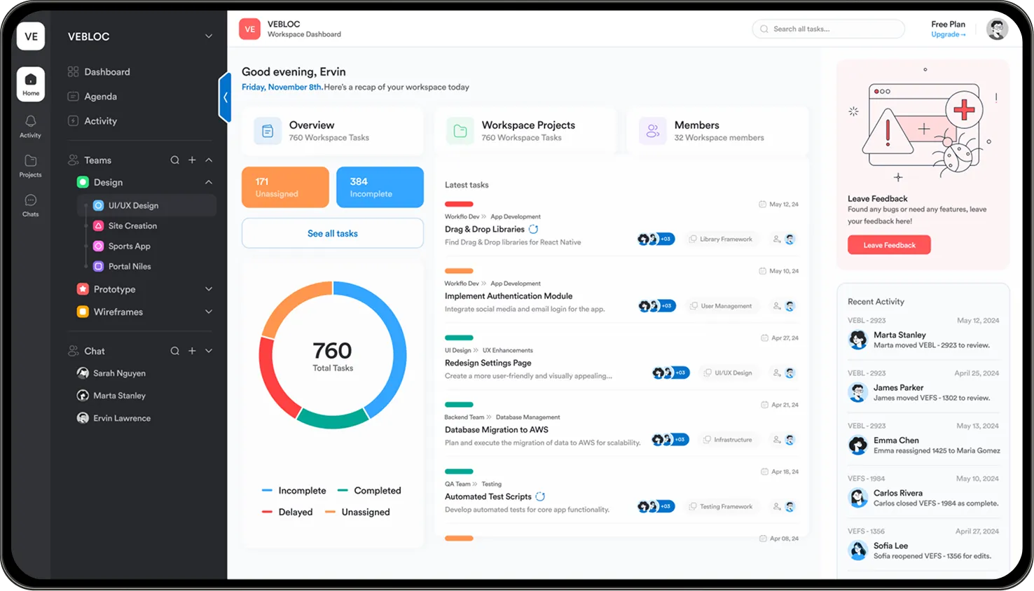 A Workflo task board with custom fields visible