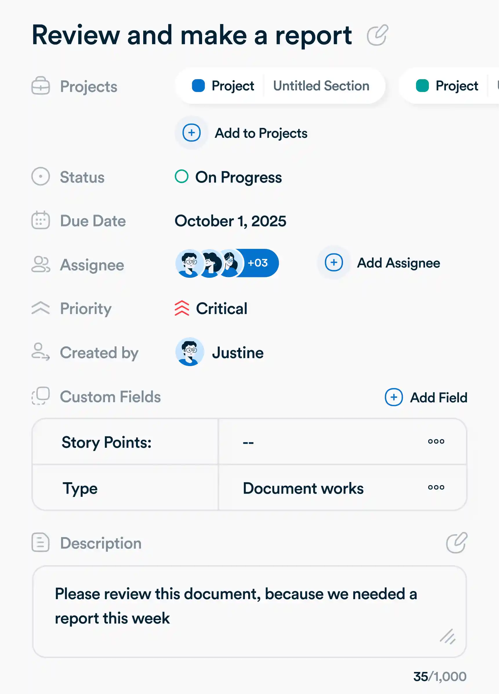 A Workflo task with assignee, due date, and priority set