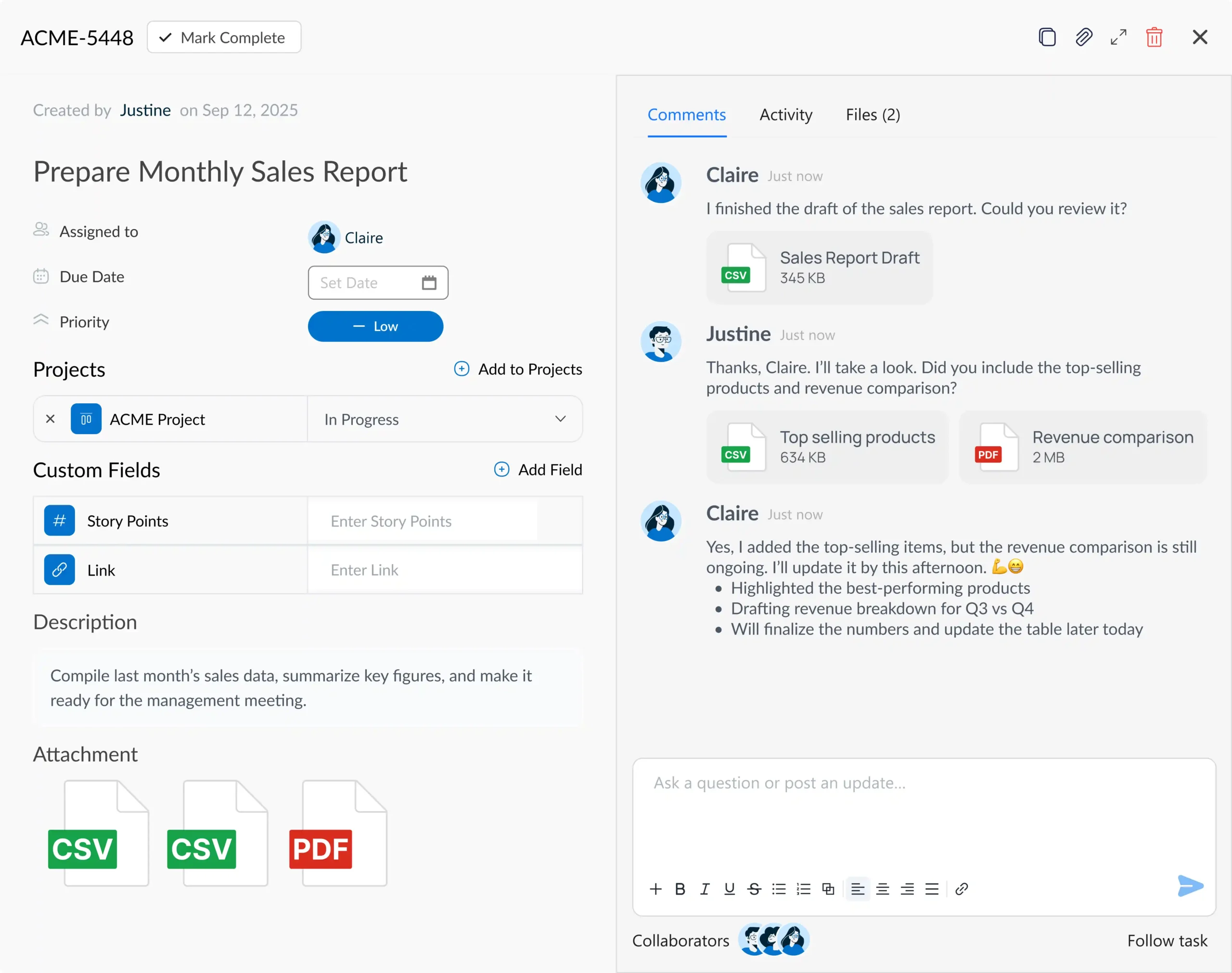A Workflo task with custom fields, comments, and file attachments in one view