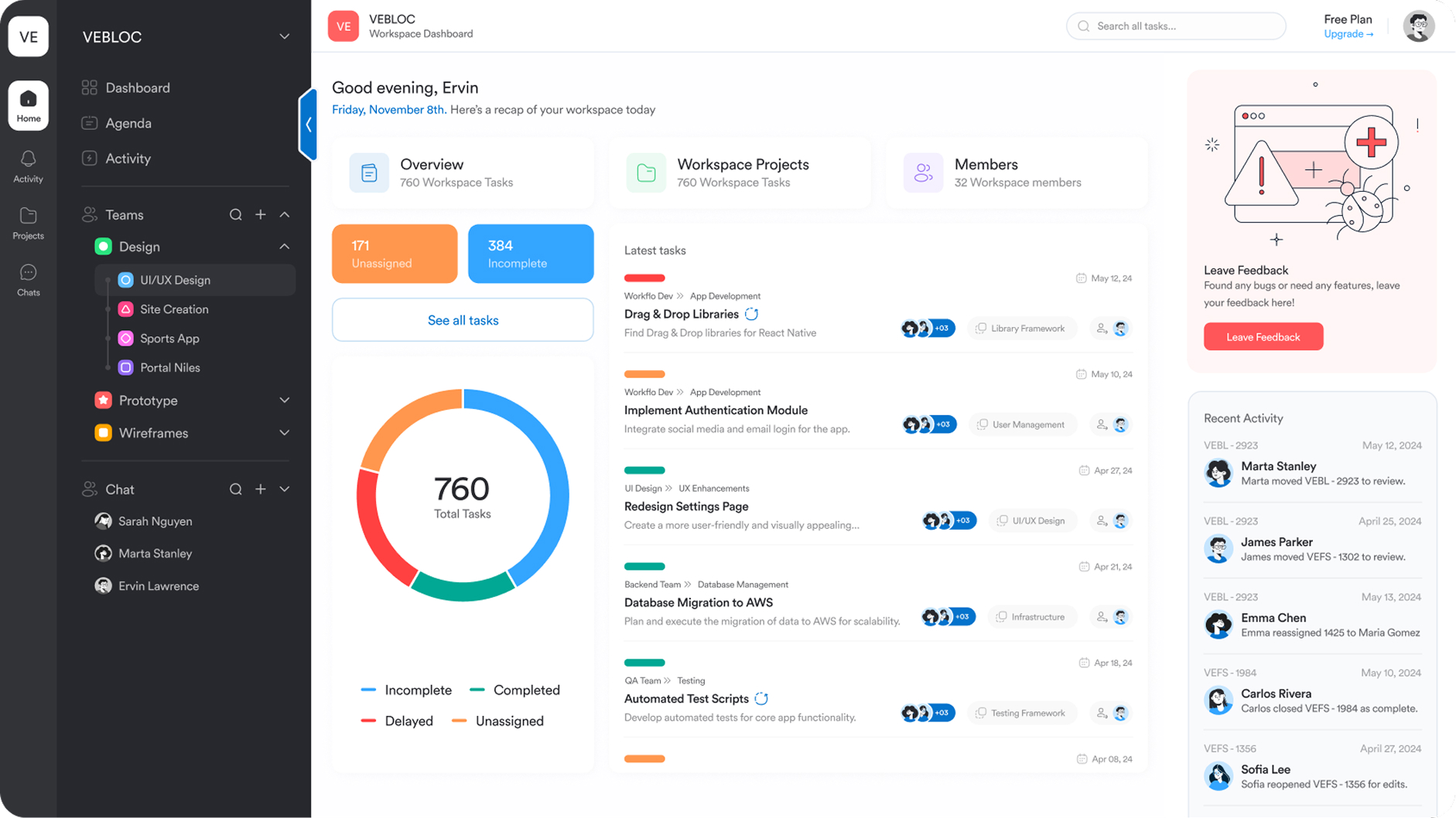The Workflo workspace, showing tasks organized by status