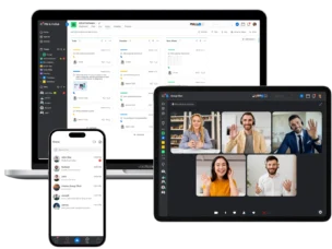 Workflo product on laptop mobile and tablet showcasing chat, video calling and chat management
